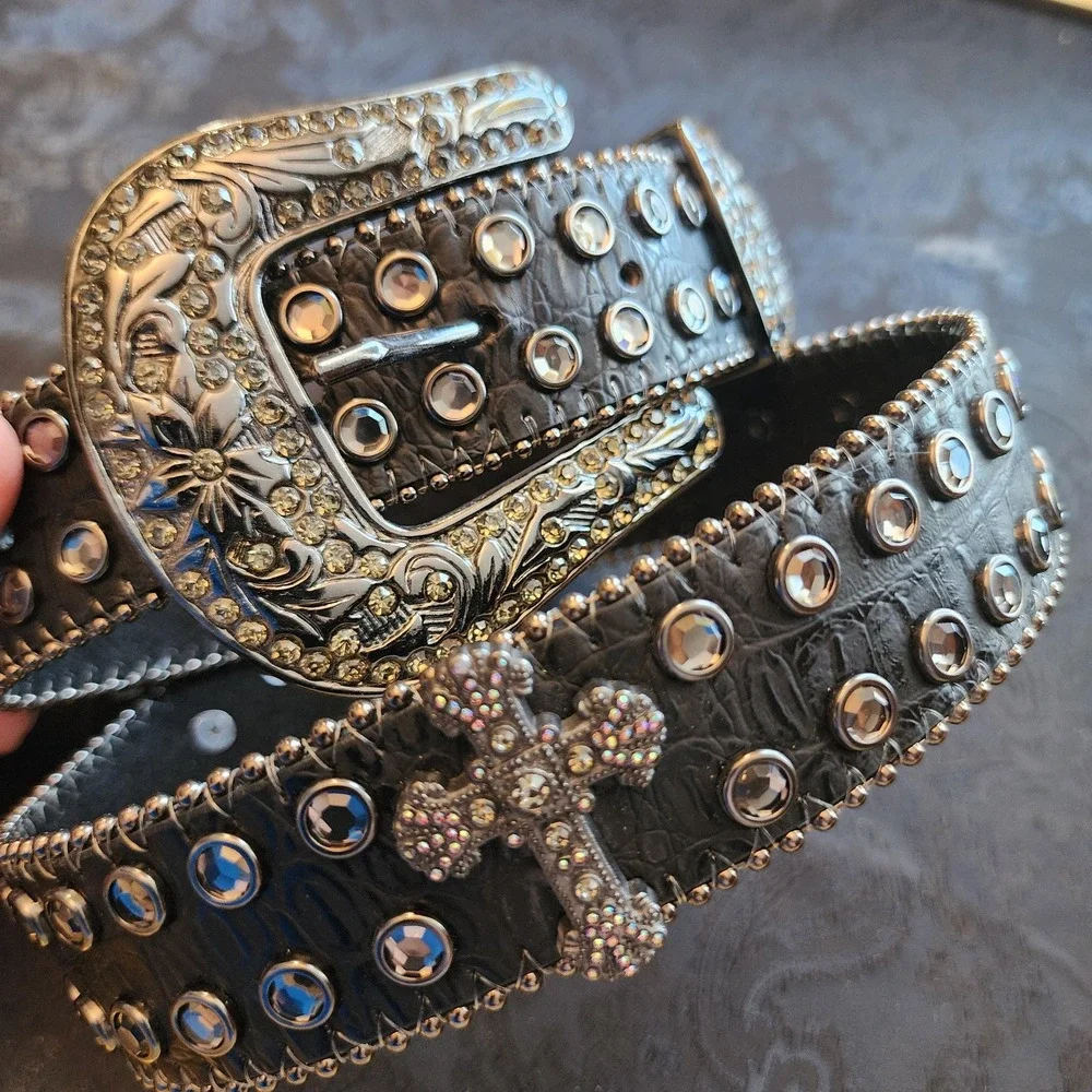 Womens Black Leather Western Bling Cross Rhinestone Belt M/L 32-35 6061SM